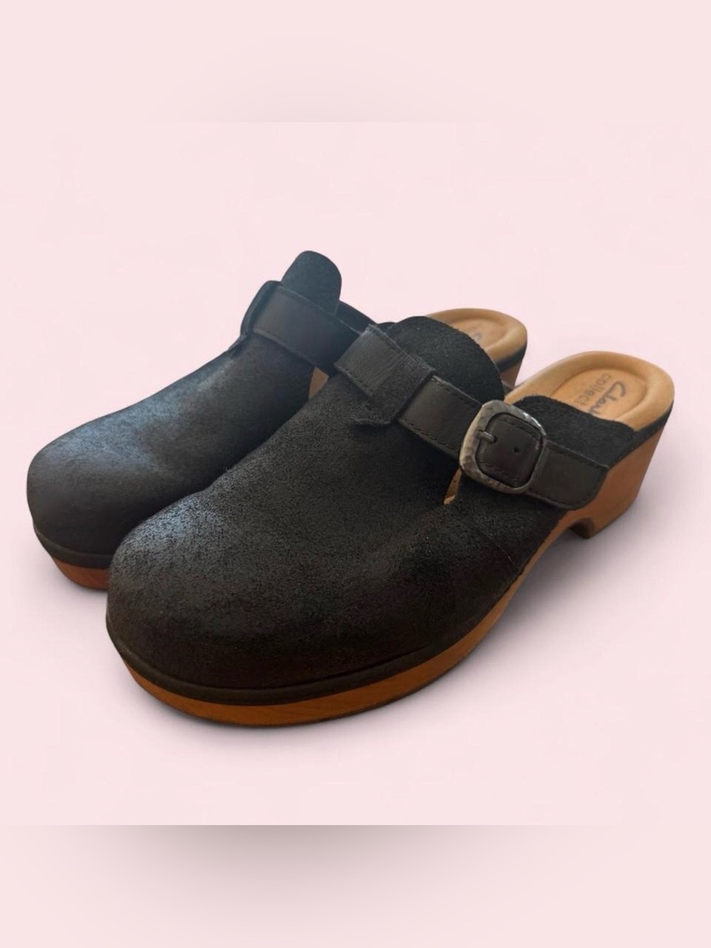 Clark’s Black Suede Buckle Clog Mules